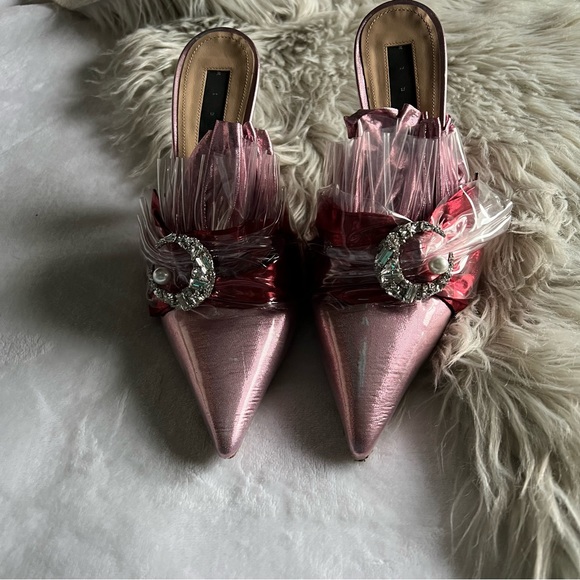 Midnight 00 Ruched Lamé & Pvc Stiletto-heel Mules 39 cocktail NYE metallic pink - Picture 6 of 11